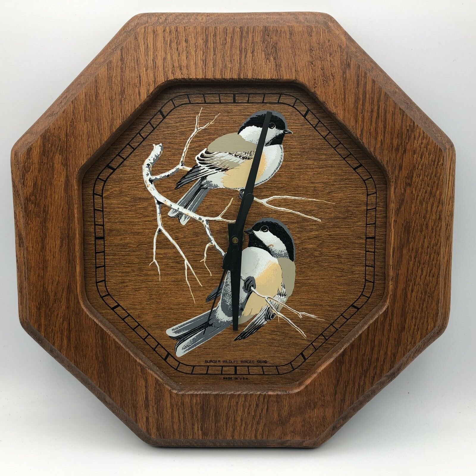 Hand Painted Birds Wall Clock Burger Wildlife Tested Works Wood Vintage 1984 USA