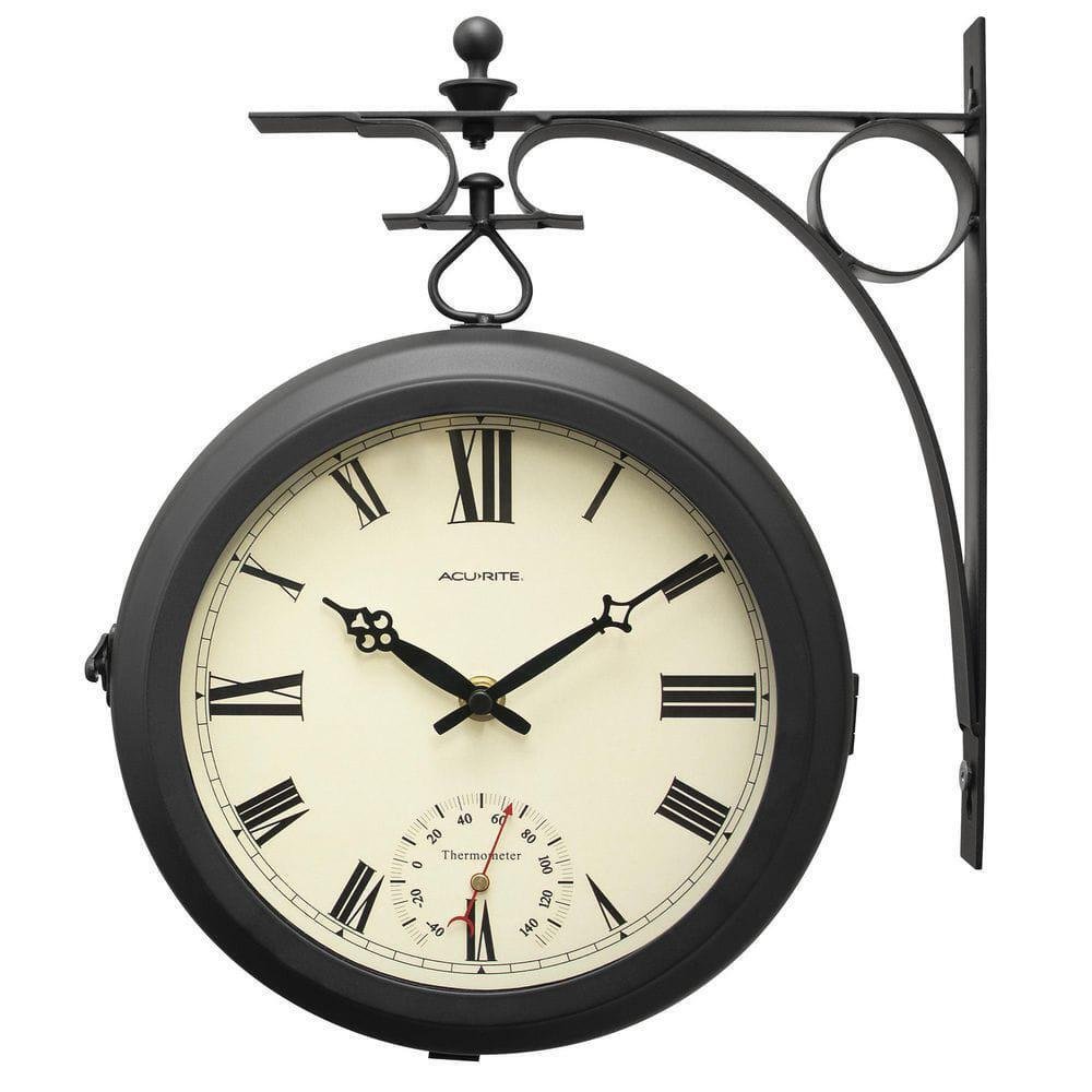 Hanging Clock 9-in. Indoor/ Outdoor Double-Sided Vintage Metal Frame Thermometer