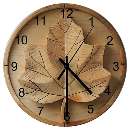 Hanmun Maple Leaf Wall Clock 11.8 Inch Battery Operated Silent Non Ticking Wooden for Living Room, Office