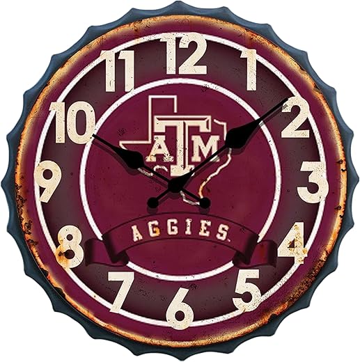 Hanna's Handiworks Texas A&M University Bottle Cap Clock Distressed Vintage Metal Aggies Wall Art – Represent Your NCAA College with TAMU Fan Décor