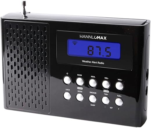 HANNLOMAX HX-512R Portable AM/FM/Weather Alert Radio, Alarm Clock, LCD Display, Headphone Jack, AC/DC Dual Power Source. (Black)