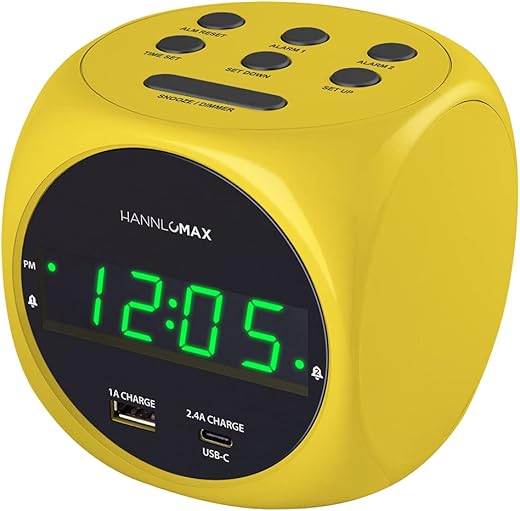 HANNLOMAX HX-702C Digital Clock with Dual Alarm, 0.7 Green LED Display. Dual USB Ports (USB-A & Type-C) for Charging, AC Operation only. (Yellow)