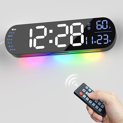 hansang Large Digital Wall Clock with Remote Control 13.7’’, Auto Brightness, 9 RGB Ambient Light, Dual Alarm Clock&Timer, 12/24H Mode, Temperature for Bedroom, Wall Decor Gift for Elder, Blue