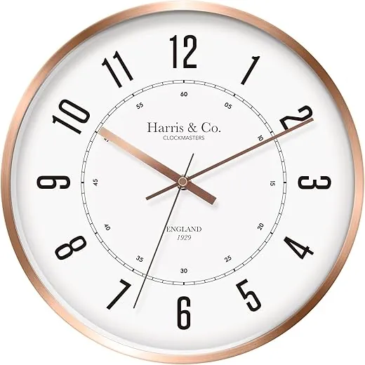 HARRIS & CO. CLOCKMASTERS ( 12 inch Luxury Premium Metal Wall Clock with Glass and Silent Sweep Noiseless Technology,Rose Gold Metal Frame Model Name - Oxford Street in Rose