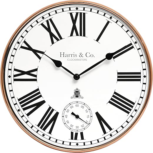 HARRIS & CO. CLOCKMASTERS 12 Inch Premium Metal Analog Wall Clock with Sub-Second Dial (Rosegold, with HD Clear Curved Glass) (Silent Sweep Movement Technology)(Model Name - Fleet Street in Rose)