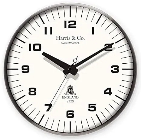 HARRIS & CO. CLOCKMASTERS ( 14 inch Premium Luxury Metal Wall Clock with Glass and Silent Sweep Noiseless Technology, Gun Gray Metal Frame Model Name - Park Lane