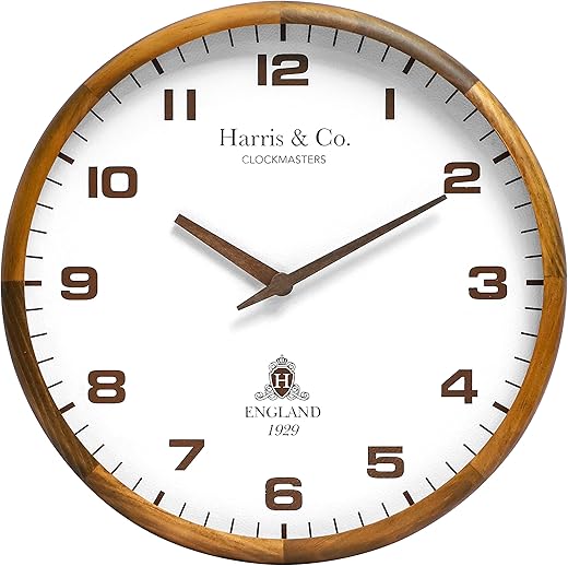 HARRIS & CO. CLOCKMASTERS ( 14 inch Premium Luxury Wooden Wall Clock with Glass and Silent Sweep Noiseless Technology, White Leather Dial Model Name - Brick Lane