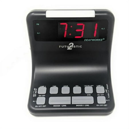 Harris Deafworks Futuristic 2 Dual Alarm Clock with Flashing or Steady Light mode & Dual USB Charging Ports, Black