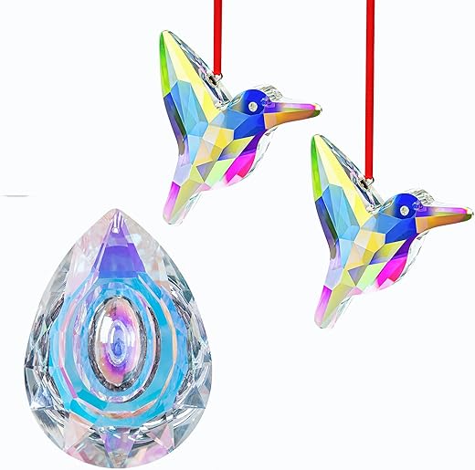 H&D HYALINE & DORA 89mm/3.5in Hanging Chandelier Crystals Prisms and Set of 2,3 Crystal Sun Catcher Prisms, AB Colored Hummingbird Hanging Suncatchers