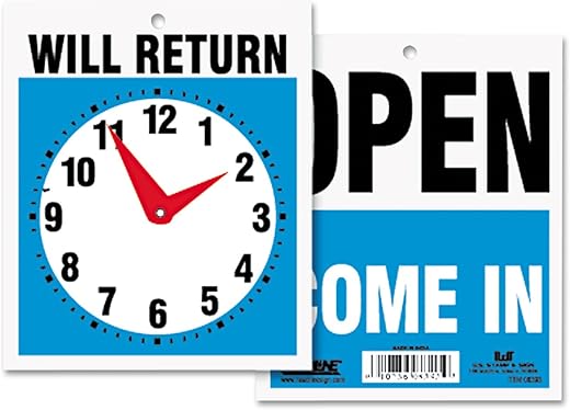 Headline Sign Double-Sided Open/Will Return Sign with Clock Hands, Plastic, 7.5 x 9