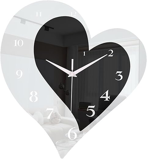 Heart Shape Wall Clock Mirror Surface Silent Non Ticking for Home Decor