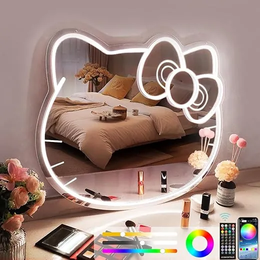 Hello Kit Mirrors Vanity, Hello Kit Stuff, Led Wall Mirror, Neon Light Sign, 210 Kinds of Color, Vanity Mirror with Remote for Makeup Mirrors, Room Decor, Bedroom, Children Gift for Teen Girl