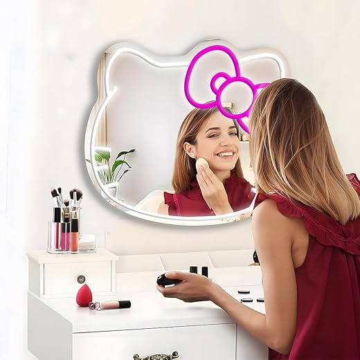 Hello Kitty Mirror 1 Pcs Makeup Mirror 16.1"X14" Neon Sign Mirror Vanity Mirror for Bedroom,Dresser,Living Room,Kid Room (Neon Mirror)