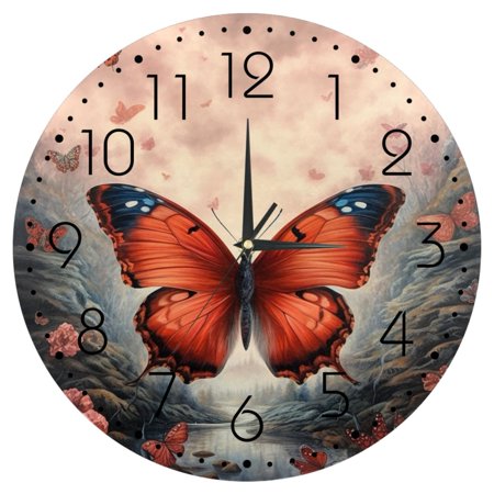 HemaKayy Decorative Wall Clock | Silent Non-Ticking 8 Inch Wooden Battery Operated Clock | Perfect Home, Kitchen, Living Room & Office Decor - Unique Gift Idea - Red Butterfly Forest