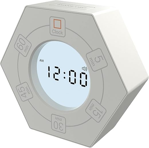 Hexagon Rotating Productivity Timer with Clock, Pomodoro Timer with 5,15, 30, 45, 60 Minute Presets, Timer for People with ADHD (White)