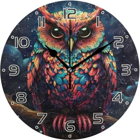 Hidove Colourful Owl Clock Silent Round Wall Clock Non Ticking Battery Device Clocks Creative Decoration Wall Clock for Living Room Bedroom Office Kitchen