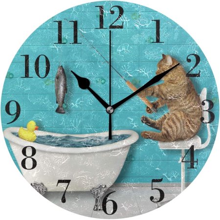 Hidove Funny Beige Cat Fisher Fishing The Bathtub Wall Clock 9.8 Inch Silent Round Wall Clock Battery Operated Non Ticking Creative Decorative Clock for Kids Living Room Bedroom Office Kitchen