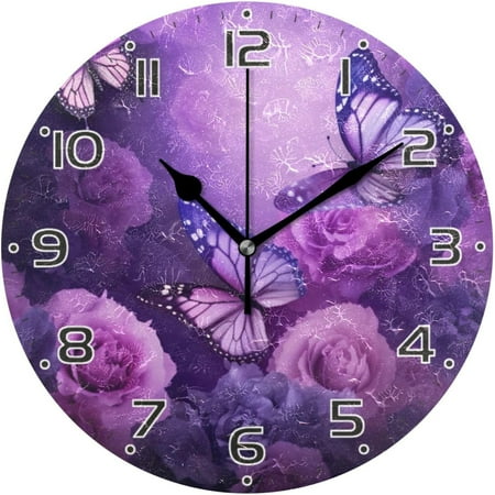 Hidove Purple Butterfly Clock Silent Round Wall Clock Non Ticking Battery Device Clocks Creative Decoration Wall Clock for Living Room Bedroom Office Kitchen