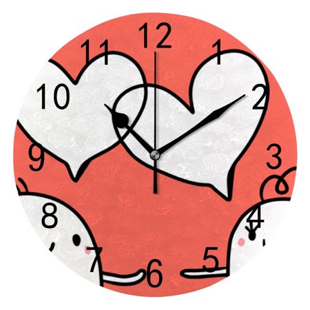 Hidove Round Wall Clock Home Decorative, Couple of Two Marshmallows with Cute Hearts Wall Clock 10 inch Silent Non Ticking Quartz Battery Operated Clock Easy to Read