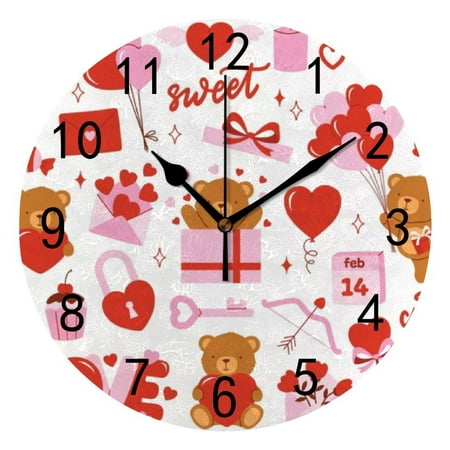 Hidove Round Wall Clock Home Decorative, Lovely Bear with Hearts, Balloons, Love Letters and Gift Boxes Wall Clock 10 inch Silent Non Ticking Quartz Battery Operated Clock Easy to Read