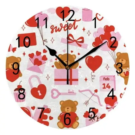 Hidove Round Wall Clock Home Decorative, Lovely Bear with Hearts, Balloons, Love Letters and Gift Boxes Wall Clock 10 inch Silent Non Ticking Quartz Battery Operated Clock Easy to Read