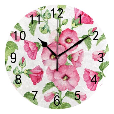 Hidove Round Wall Clock Home Decorative, Mallow Flowers Wall Clock 10 inch Silent Non Ticking Quartz Battery Operated Clock Easy to Read