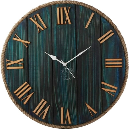 Hind Handicrafts - Hand Crafted Rustic Pine Wood Rope Wall Clock - Retro Non-Ticking Sweep Movement Roman Numerals Decorative for Office Bedroom Living Room Kids Room Kitchen (16 Inches, Blue)