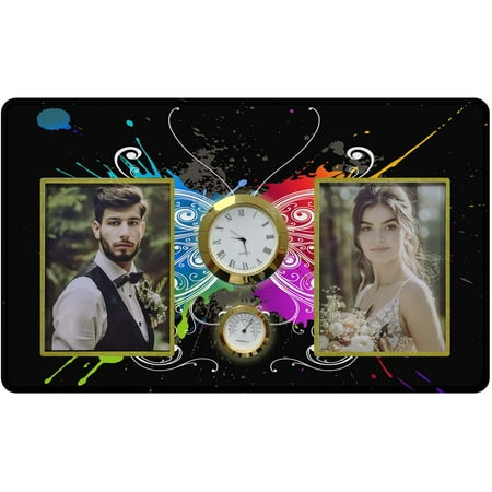 HiPhotoArt Butterfly Tempered Glass Family Couple Photo Picture Frame with Clock and Thermometer for Wall Hanging and Tabletop Display