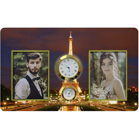 HiPhotoArt Eiffel Tower At Night Paris Tallest Structure Tempered Glass Family Couple Photo Picture Frame with Clock and Thermometer for Wall Hanging and Tabletop Display