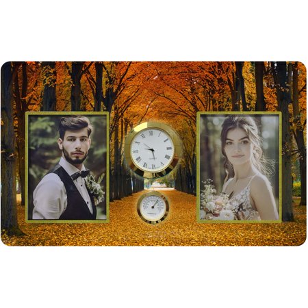 HiPhotoArt Maple Alley Tempered Glass Family Couple Photo Picture Frame with Clock and Thermometer for Wall Hanging and Tabletop Display