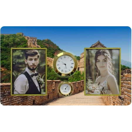 HiPhotoArt The Great Wall Tempered Glass Family Couple Photo Picture Frame with Clock and Thermometer for Wall Hanging and Tabletop Display