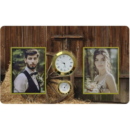 HiPhotoArt The Old Antique Wheel Tempered Glass Family Couple Photo Picture Frame with Clock and Thermometer for Wall Hanging and Tabletop Display