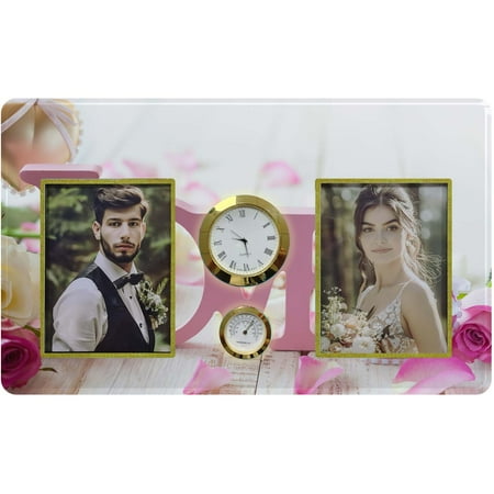 HiPhotoArt Valentine Day Letters Love Flowers Old Vintage Wooden Tempered Glass Family Couple Photo Picture Frame with Clock and Thermometer for Wall Hanging and Tabletop Display