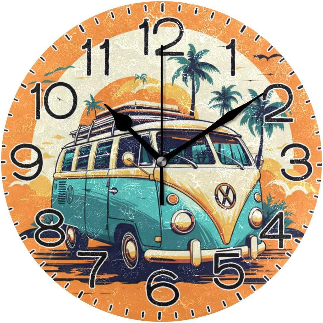 Hippie Bus Palm Tree Wall Clock Battery Operated Non Ticking Silent Quartz Analog Rustic Farmhouse Round Orange Clock Retro Decor for Home Kitchen Living Room Bathroom