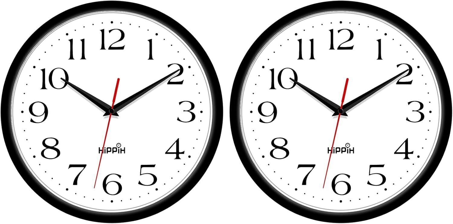 HIPPIH 2 Pack Silent Wall Clock, 10 Inch Non Ticking With Red Second Hand