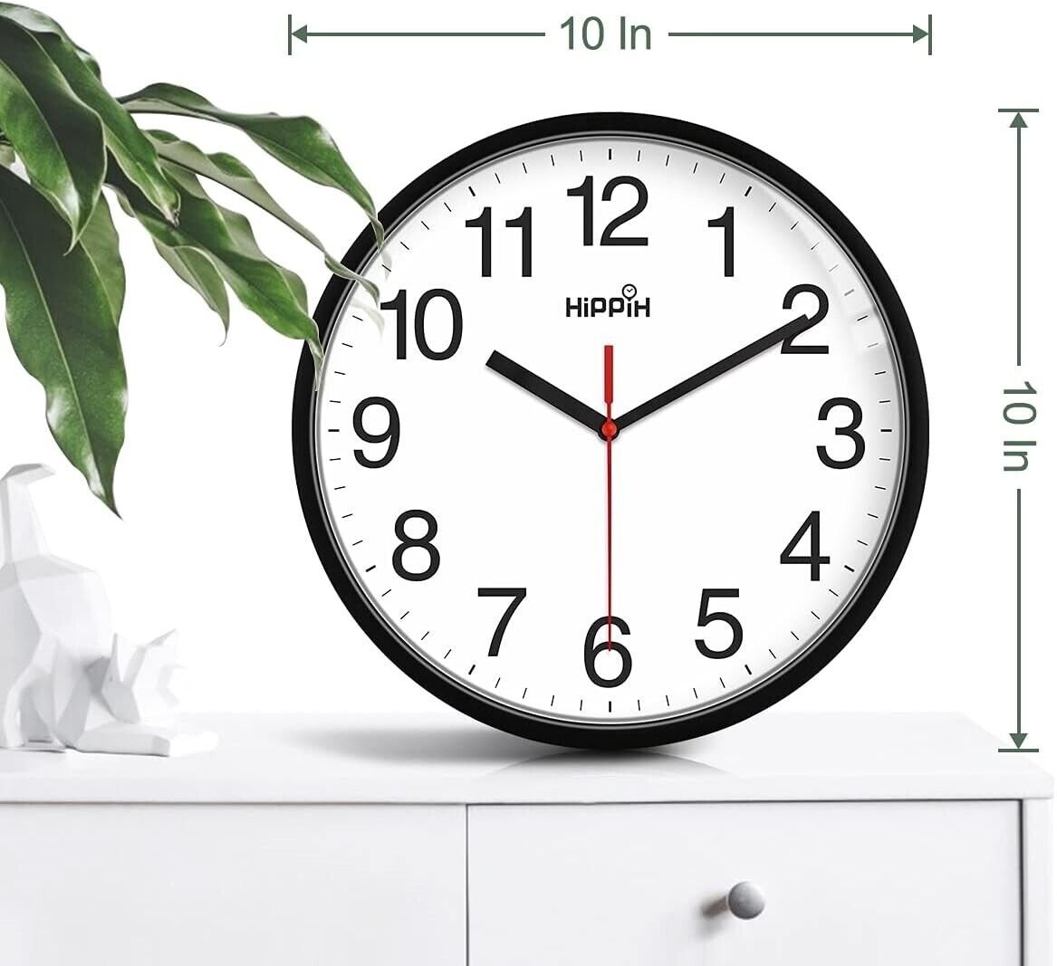 HIPPIH Clock Black Wall Clock Silent Non Ticking Quality Quartz - 10 Inch Round