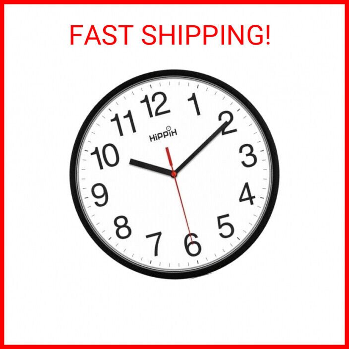 HIPPIH Clock Black Wall Clock Silent Non Ticking Quality Quartz - 10 Inch Round