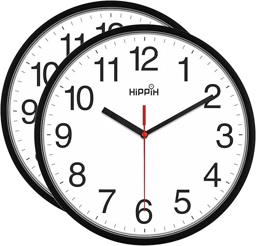 HIPPIH Silent Non Ticking Quartz Wall Clock, Battery Operated 10 Inch Round Easy to Read for Home Office School Decor Clock 2 Pack