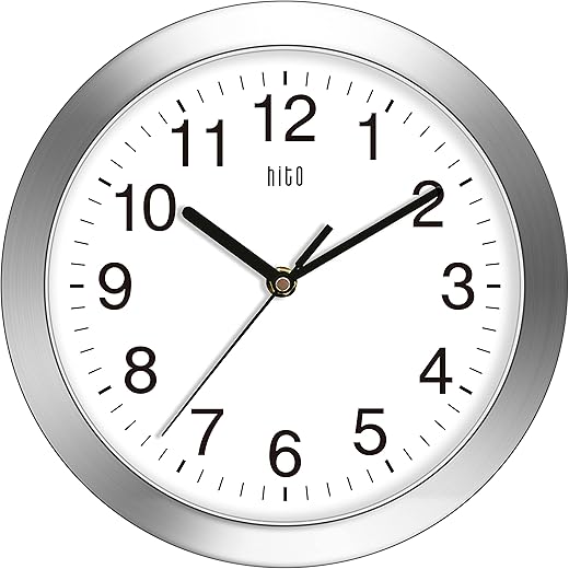 HITO 10 Inch Silent Wall Clock Battery Operated Non Ticking Glass Cover Silver Aluminum Frame, for Kitchen, Bedroom, Home Office, Living Room Decor