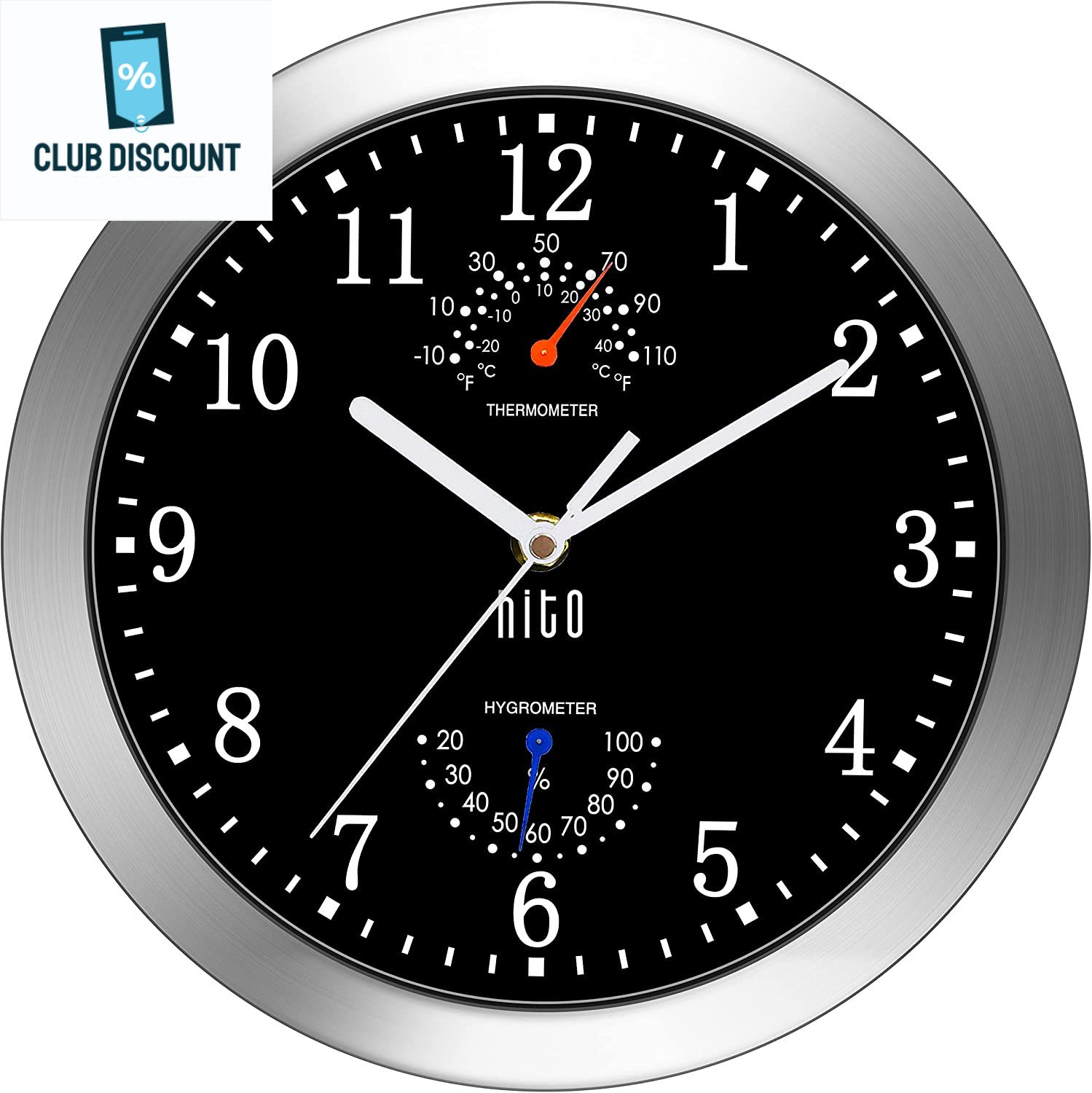 HITO 10 Inch Silent Wall Clock Battery Operated Non Ticking Glass Cover Silver A