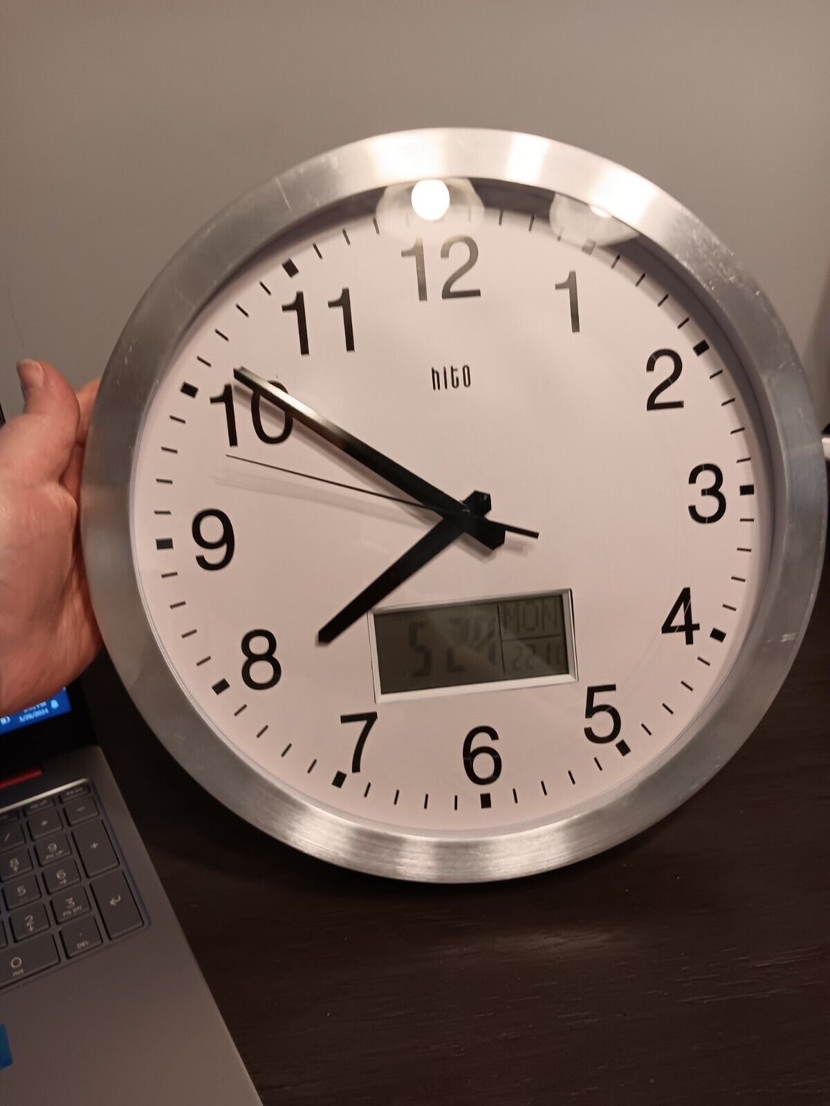 HITO 12 Inch Silent Wall Clock Battery Operated Non-Ticking with Digital Display