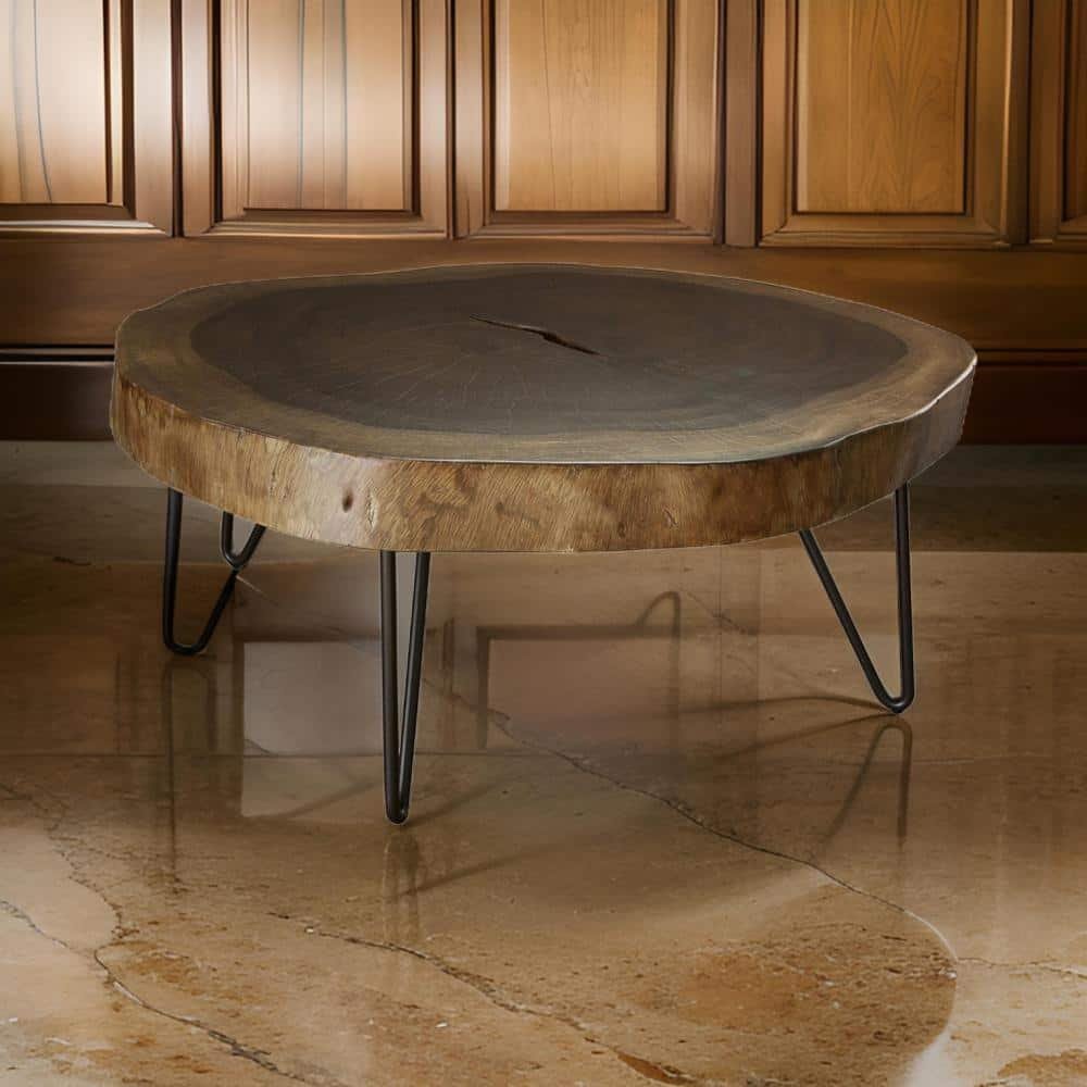 Hito 35 in. Brown and Black Oval Wood Coffee Table with Floor...