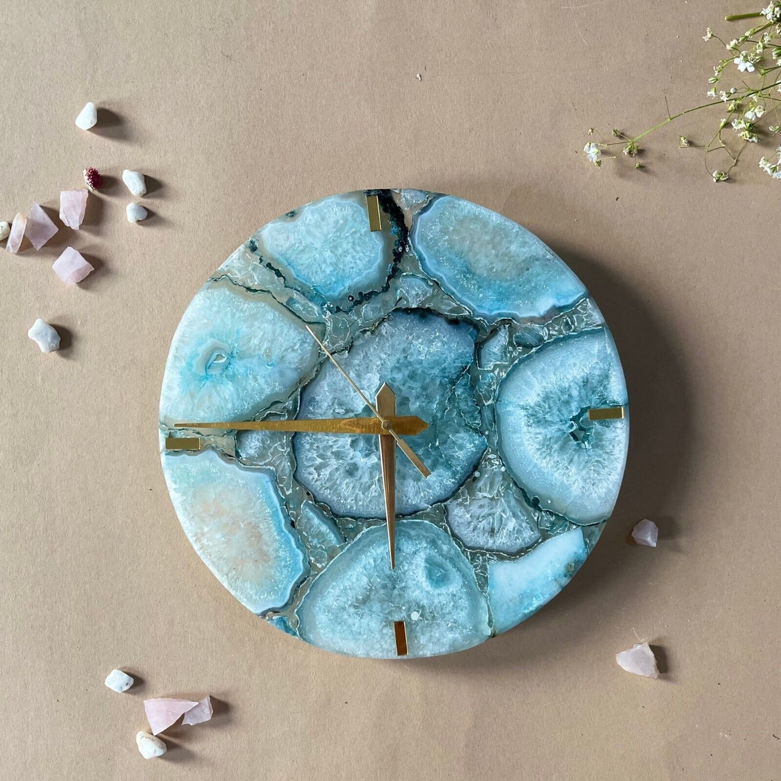 HOMEARTE Handmade Crystal Agate Round Wall Clock Decorating Living Room Office