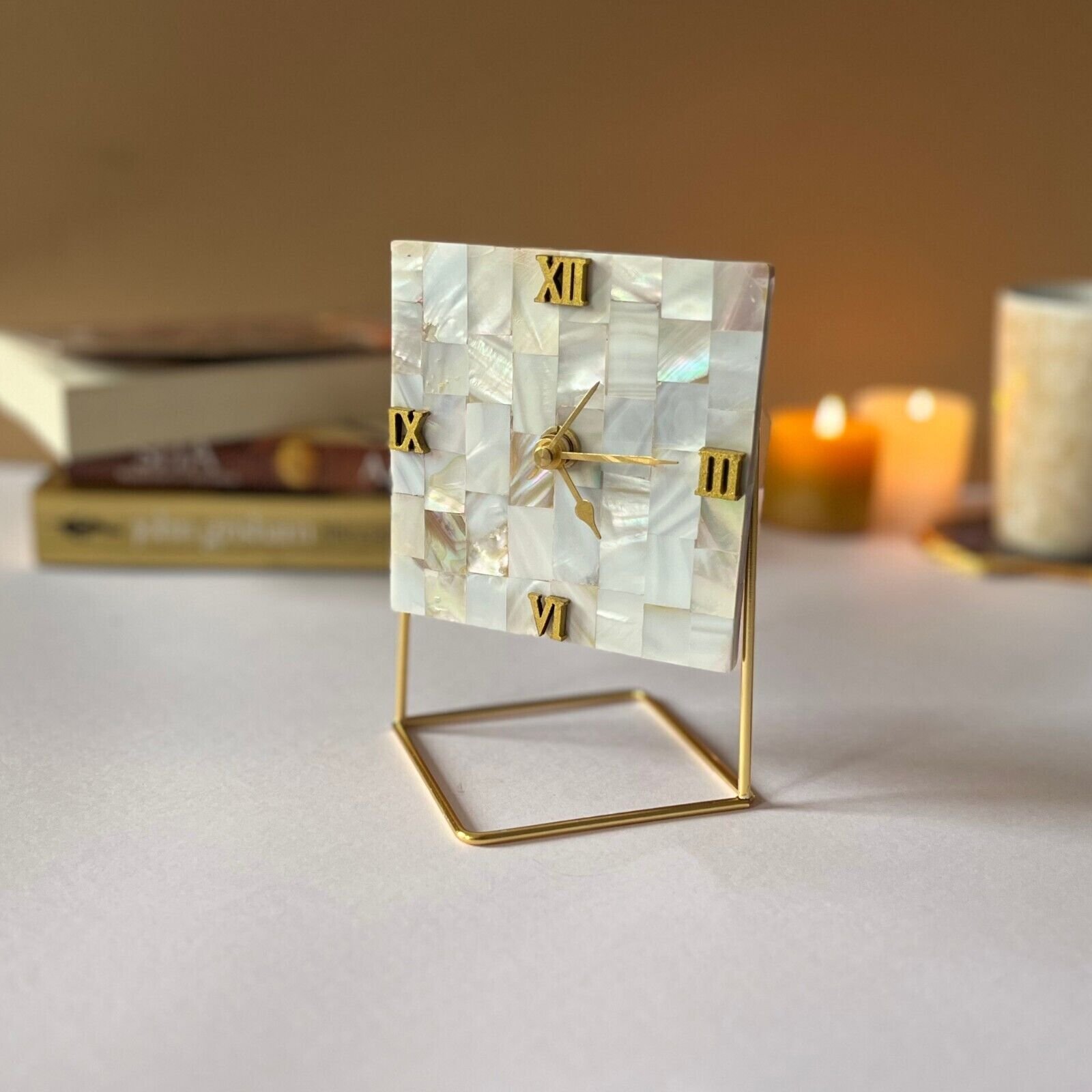 HOMEARTE Handmade Desktop Clock Mother of Pearl Unique Home Decor Table Clock