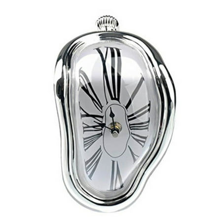 Home Decor Melting Clock Deformation Clock Roman Number Gifts for Art Lovers (Silver)