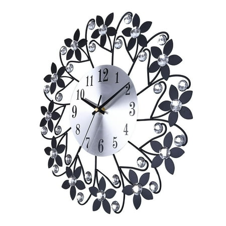 Hot Sale! Mbxmh Home Clock Clock, Retro Flower Wrought Iron Home Wall Clock Black Wrought Iron Diamond Fashion Wall Clock Bedroom Silent Metal Wall Clock Decor, 1X Wall Clock