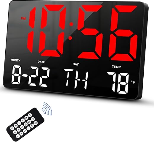 Hournor Digital Clock, Digital Wall Clock with Remote Control, LED Clock Large Display with Date Week Temperature for Living Room Decor, Large Wall Clocks for Bedroom Office Gym Shop Garage (Red)