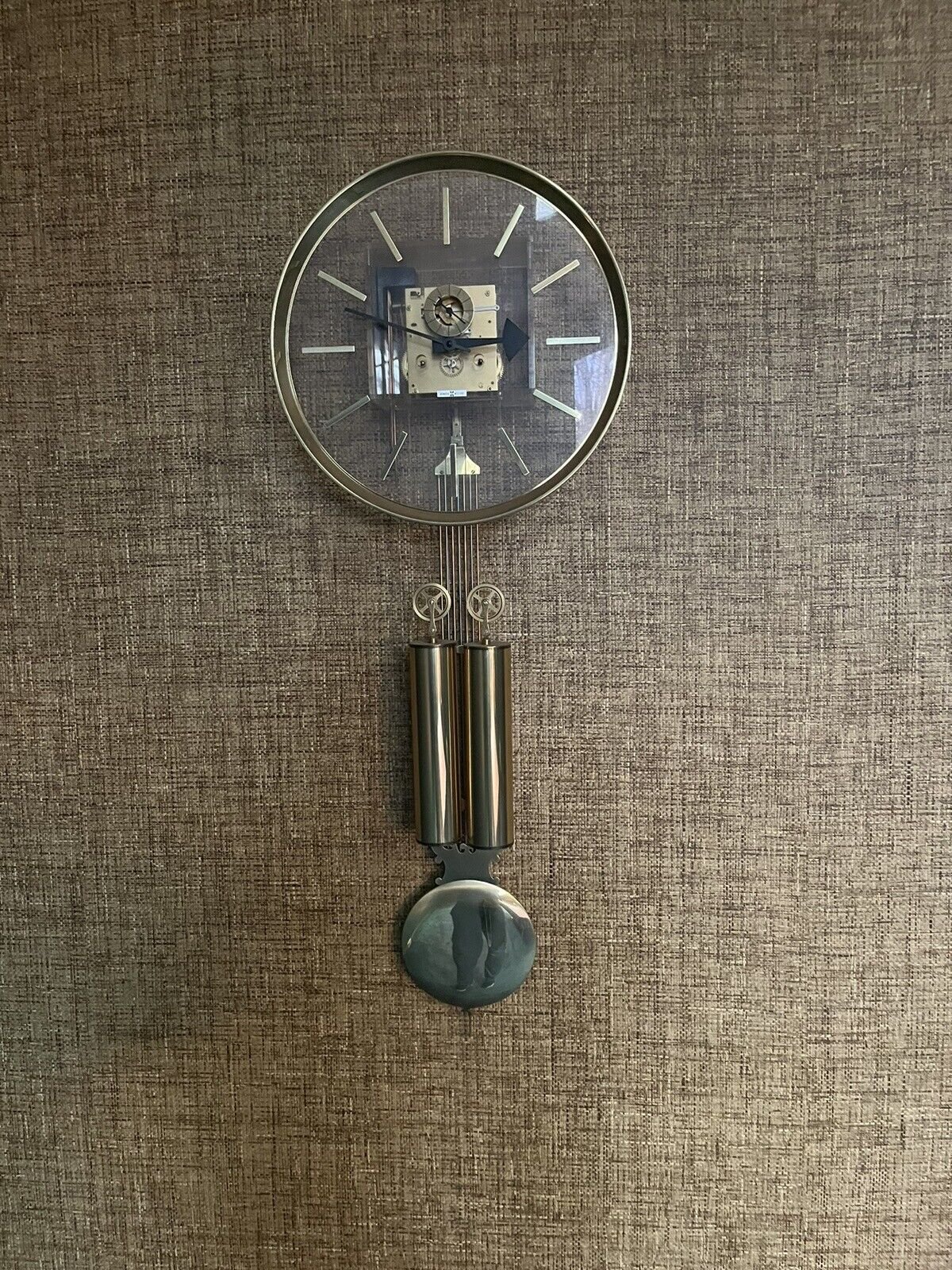 Howard Miller Acrylic and Brass Hanging Grandfather Clock 1970s, Works