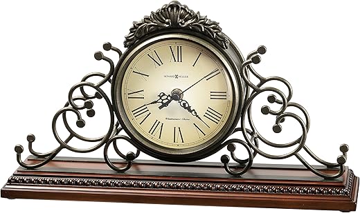 Howard Miller Adelaide Mantel Clock 635-130 – Wrought-Iron Frame, Antique Warm-Grey Finish, Windsor Cherry Finish, Decorative Molding, Quartz Movement