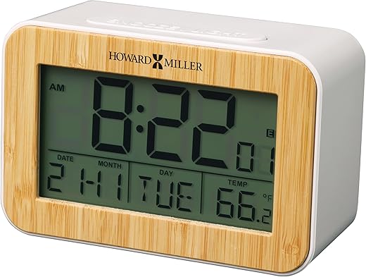 Howard Miller Alarm Clock - Battery Operated White LCD Bamboo Box Alarm Clock - Alarm Clock with Adjustable Backlight Perfect for Home Decor, Room Decor, and Office Desk - All-in-One LCD Display